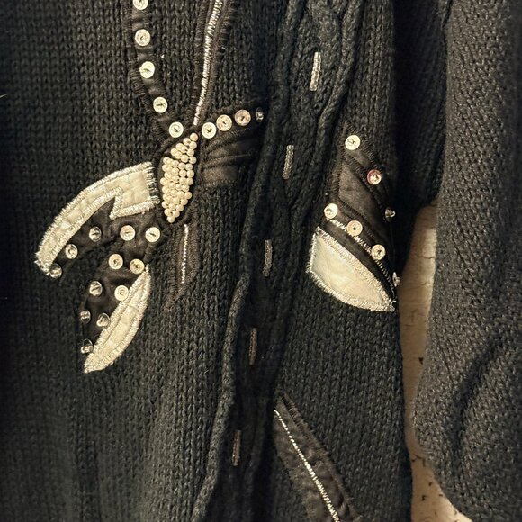 Vintage Black Embellished Statement Sweater – Pearl Beads + Satin Appliqué - Picture 4 of 8